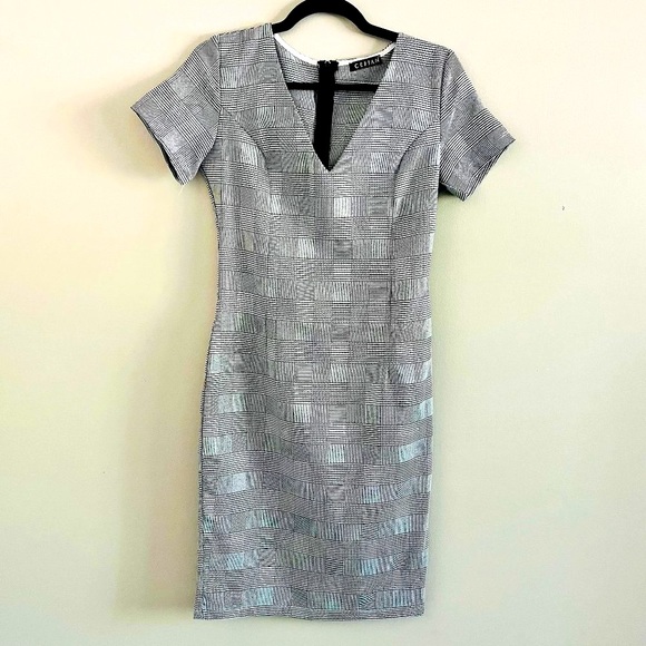 NWOT Cefian Grey Plaid-pattern Business V-Neck Pencil Dress w/ Short Sleeves - Picture 2 of 9